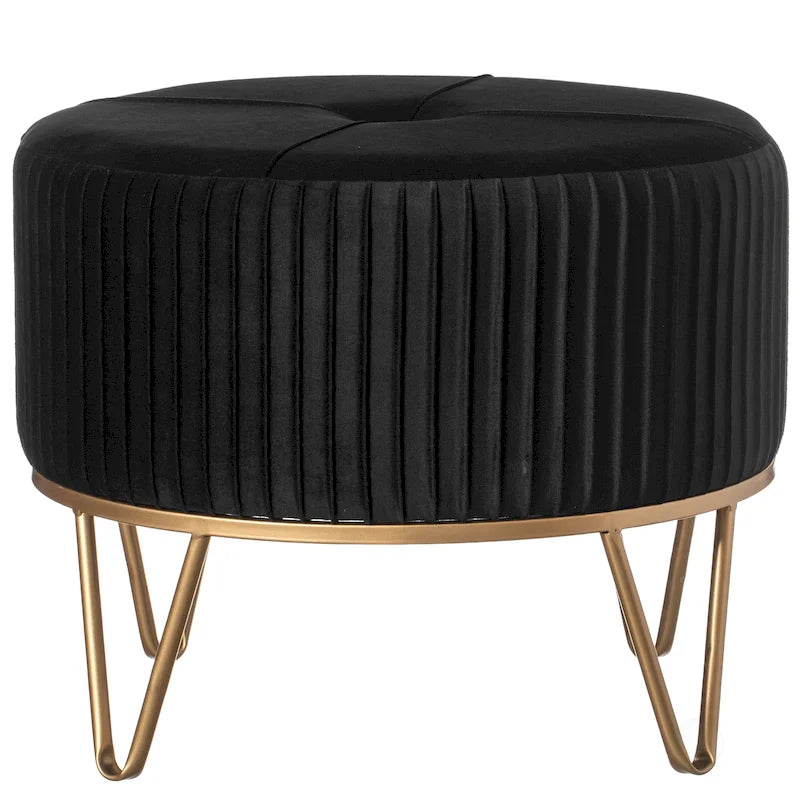 Tabouret ottoman rond en velours surélevé avec piètement doré en forme d'épingle à cheveux