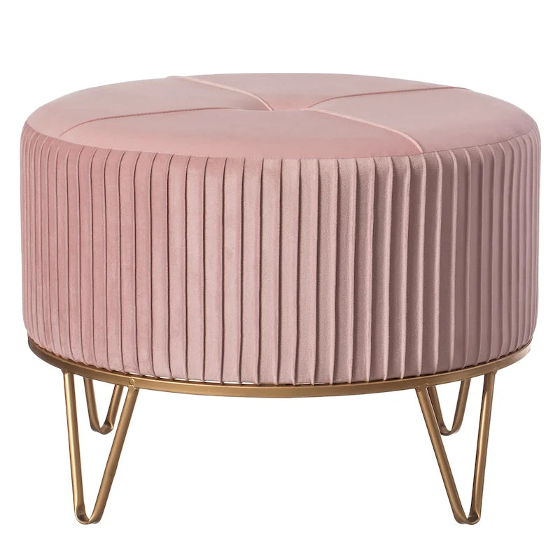 Tabouret ottoman rond en velours surélevé avec piètement doré en forme d'épingle à cheveux