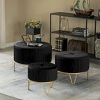 Tabouret ottoman rond en velours surélevé avec piètement doré en forme d'épingle à cheveux