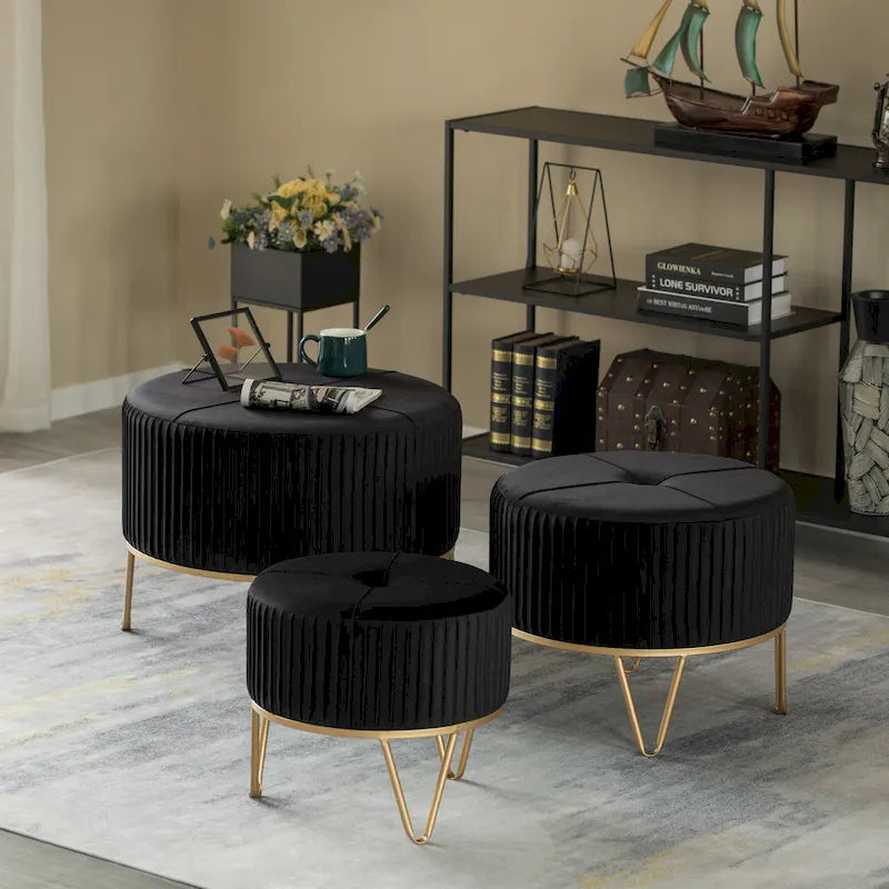 Tabouret ottoman rond en velours surélevé avec piètement doré en forme d'épingle à cheveux