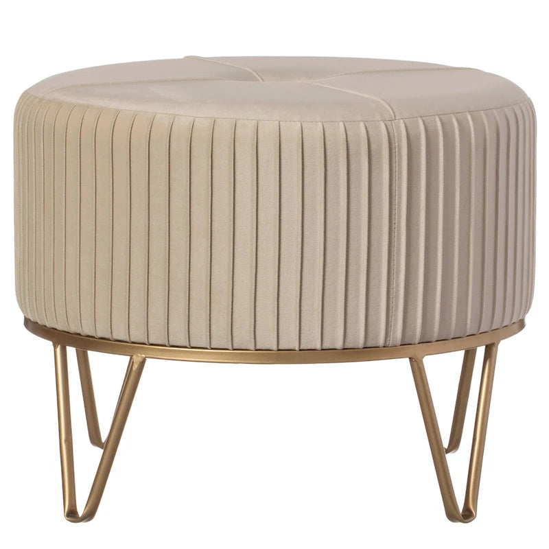 Tabouret ottoman rond en velours surélevé avec piètement doré en forme d'épingle à cheveux