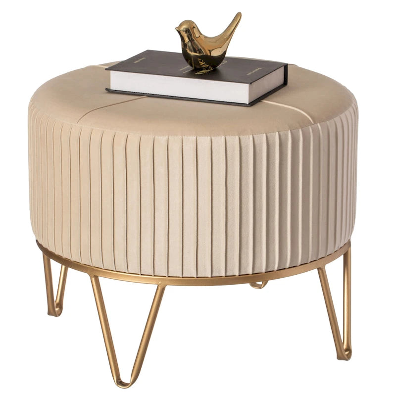 Tabouret ottoman rond en velours surélevé avec piètement doré en forme d'épingle à cheveux