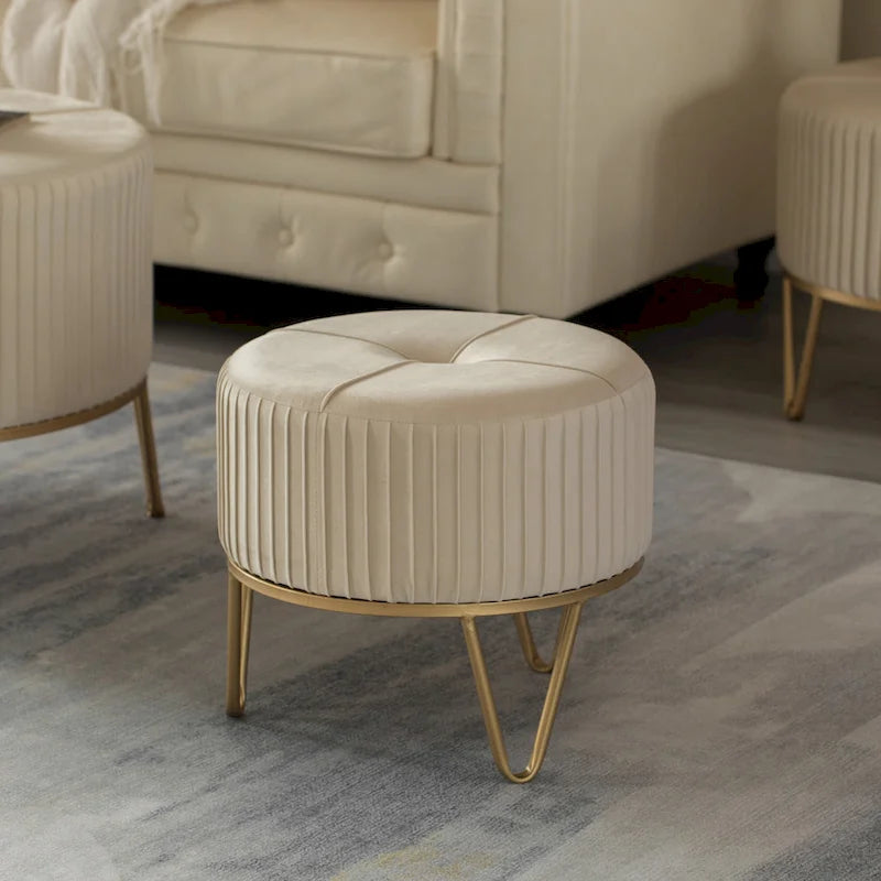 Tabouret ottoman rond en velours surélevé avec piètement doré en forme d'épingle à cheveux