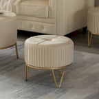 Tabouret ottoman rond en velours surélevé avec piètement doré en forme d'épingle à cheveux