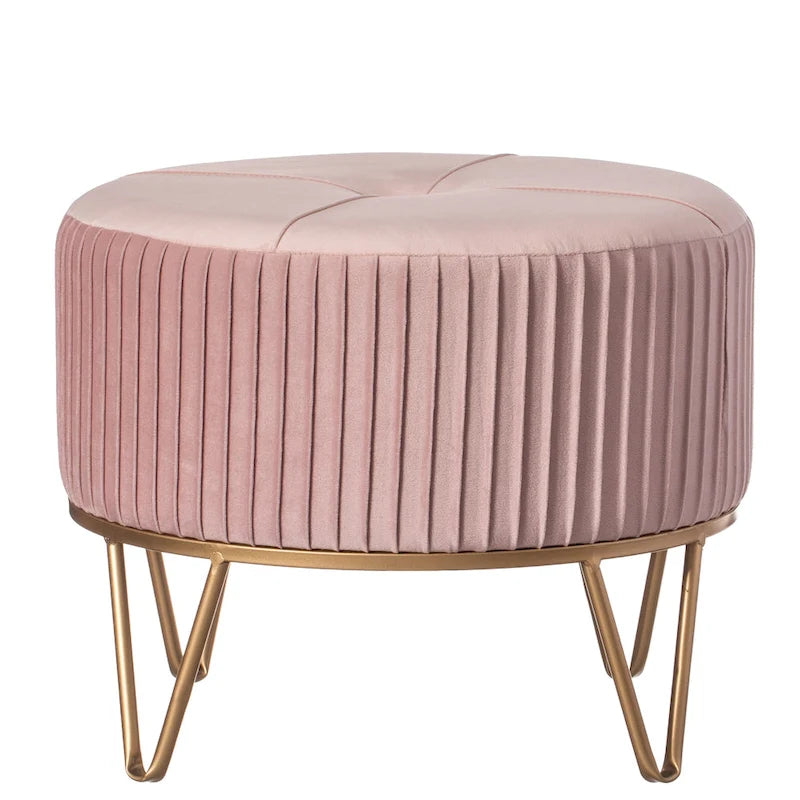Tabouret ottoman rond en velours surélevé avec piètement doré en forme d'épingle à cheveux