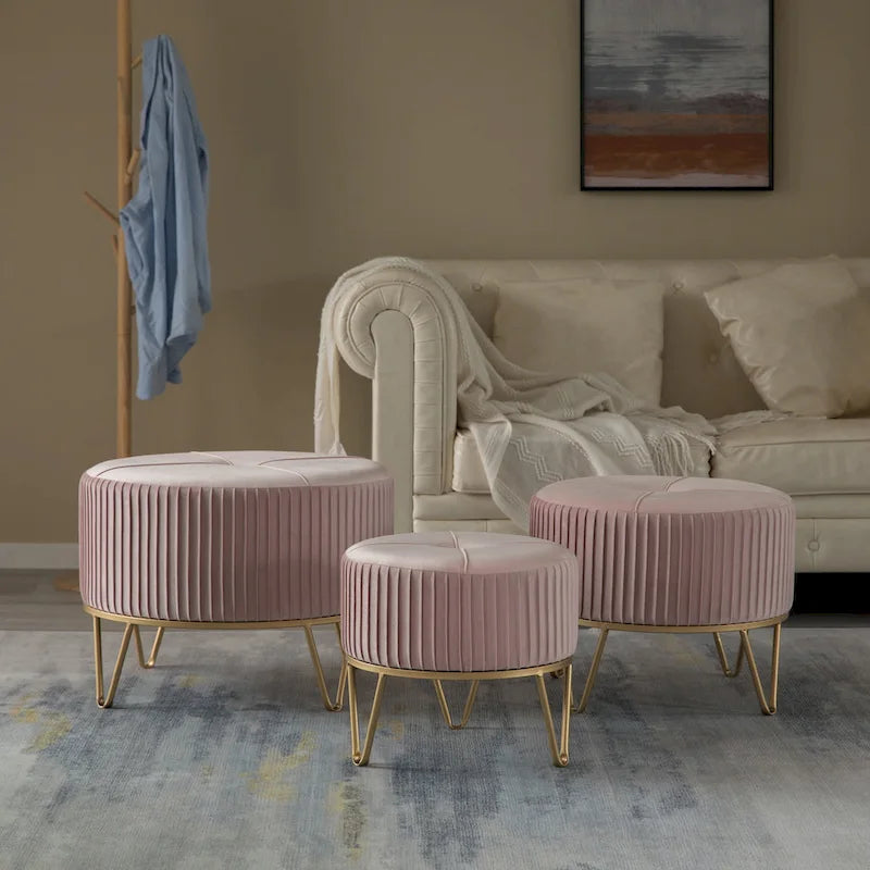 Tabouret ottoman rond en velours surélevé avec piètement doré en forme d'épingle à cheveux
