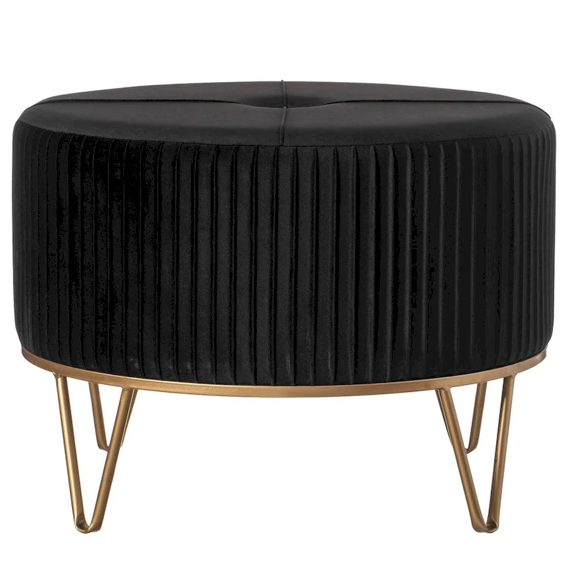 Tabouret ottoman rond en velours surélevé avec piètement doré en forme d'épingle à cheveux
