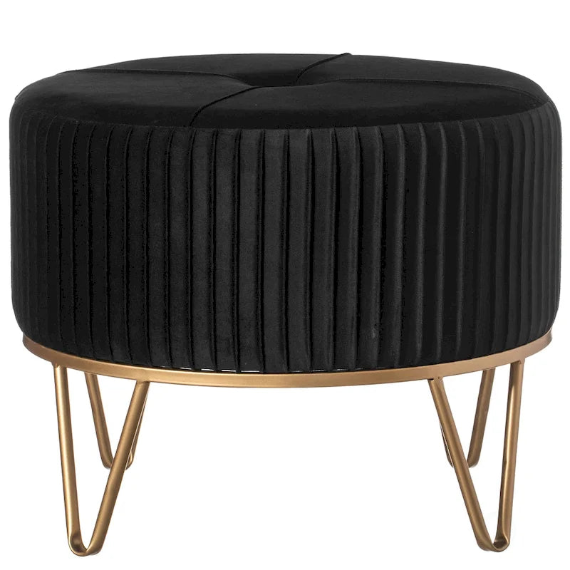 Tabouret ottoman rond en velours surélevé avec piètement doré en forme d'épingle à cheveux
