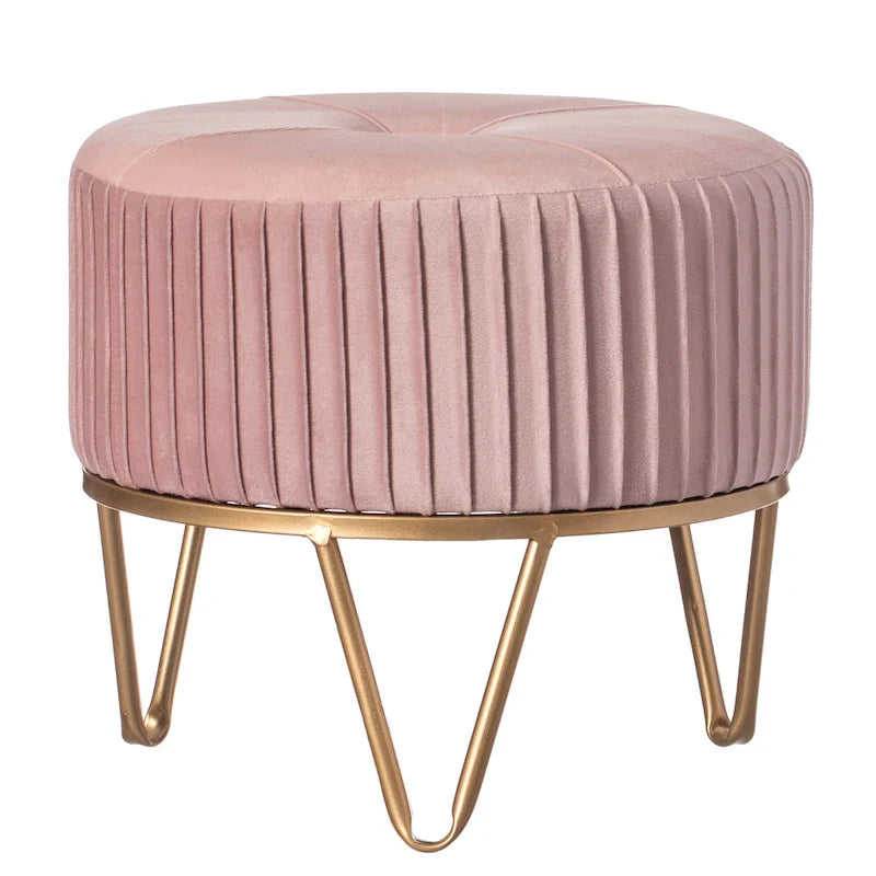 Tabouret ottoman rond en velours surélevé avec piètement doré en forme d'épingle à cheveux