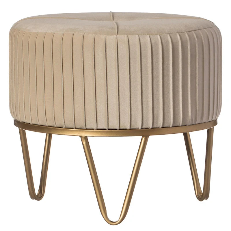 Tabouret ottoman rond en velours surélevé avec piètement doré en forme d'épingle à cheveux