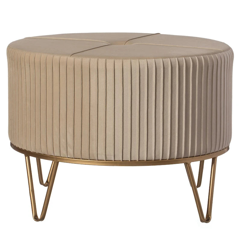 Tabouret ottoman rond en velours surélevé avec piètement doré en forme d'épingle à cheveux