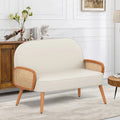 Petit canapé deux places pour salon, mini canapé deux places en similicuir avec accoudoirs en rotin naturel et pieds en bois massif