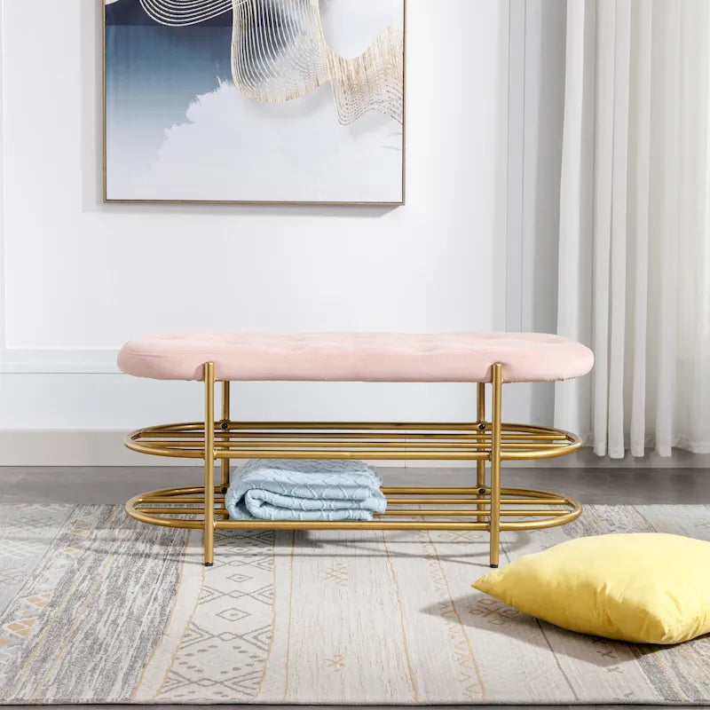 Banquette de salon SEYNAR 40 en velours avec double étagère à chaussures