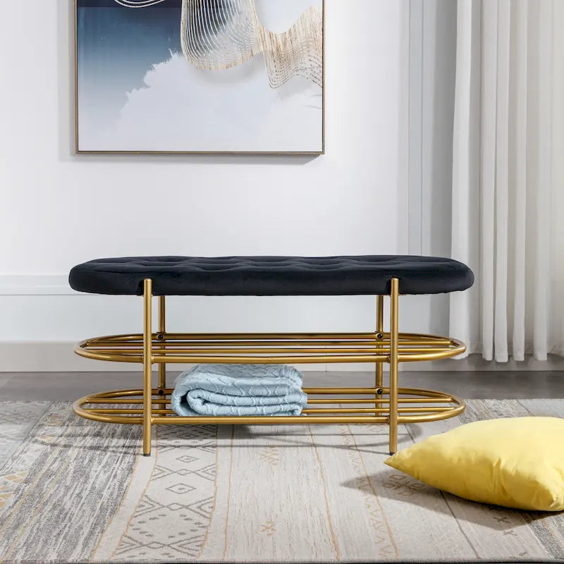 Banquette de salon SEYNAR 40 en velours avec double étagère à chaussures