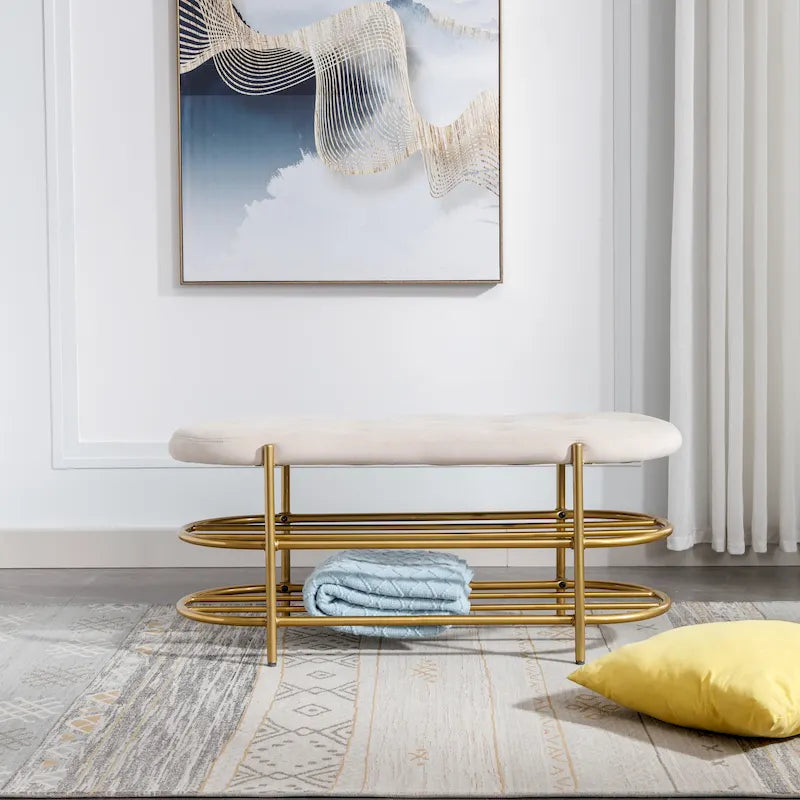 Banquette de salon SEYNAR 40 en velours avec double étagère à chaussures