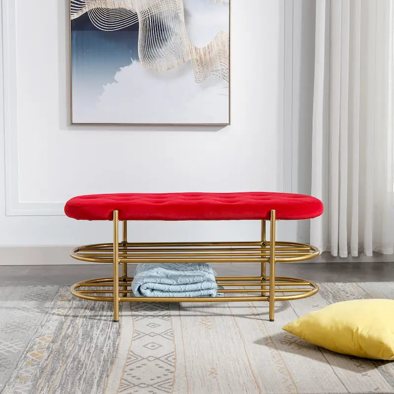 Banquette de salon SEYNAR 40 en velours avec double étagère à chaussures