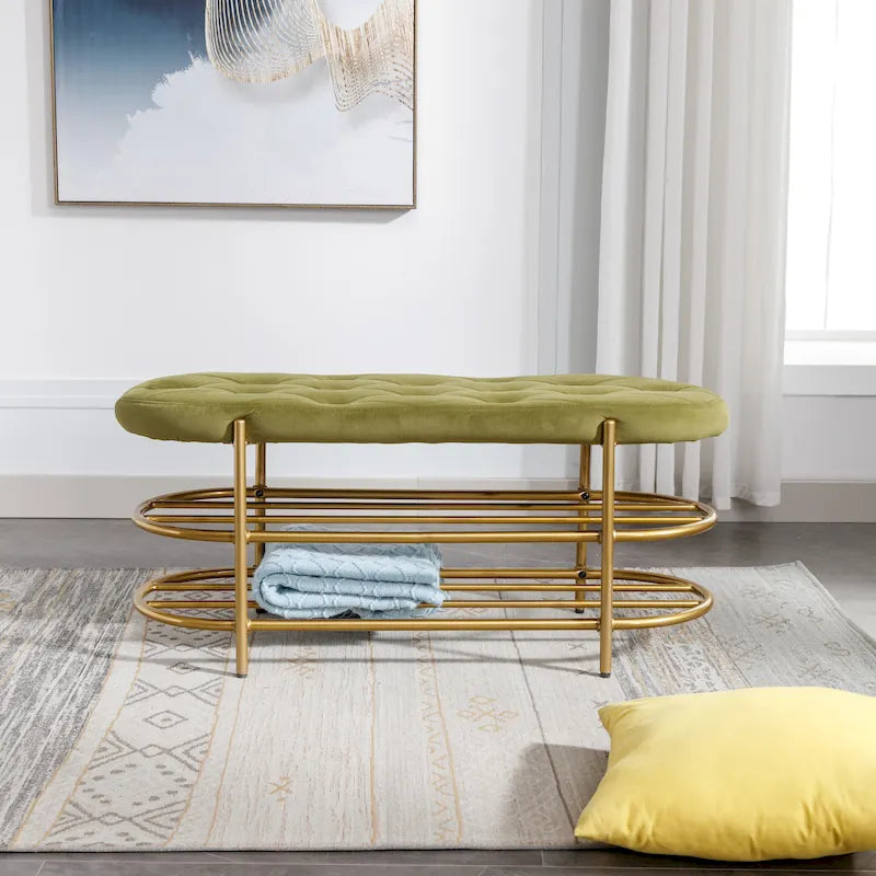 Banquette de salon SEYNAR 40 en velours avec double étagère à chaussures