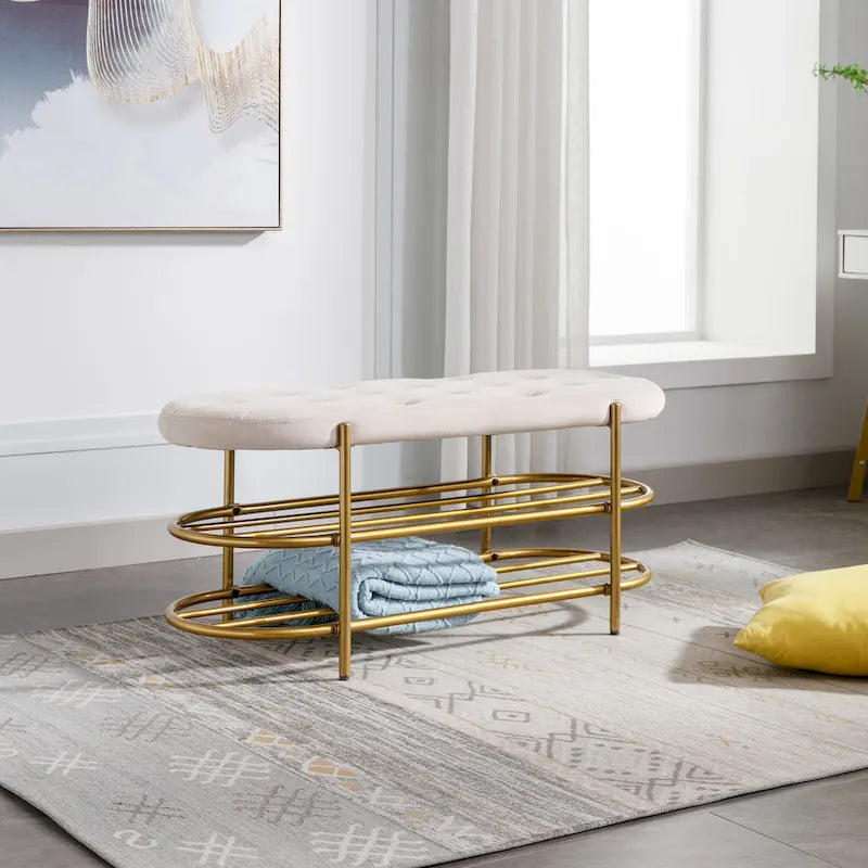 Banquette de salon SEYNAR 40 en velours avec double étagère à chaussures