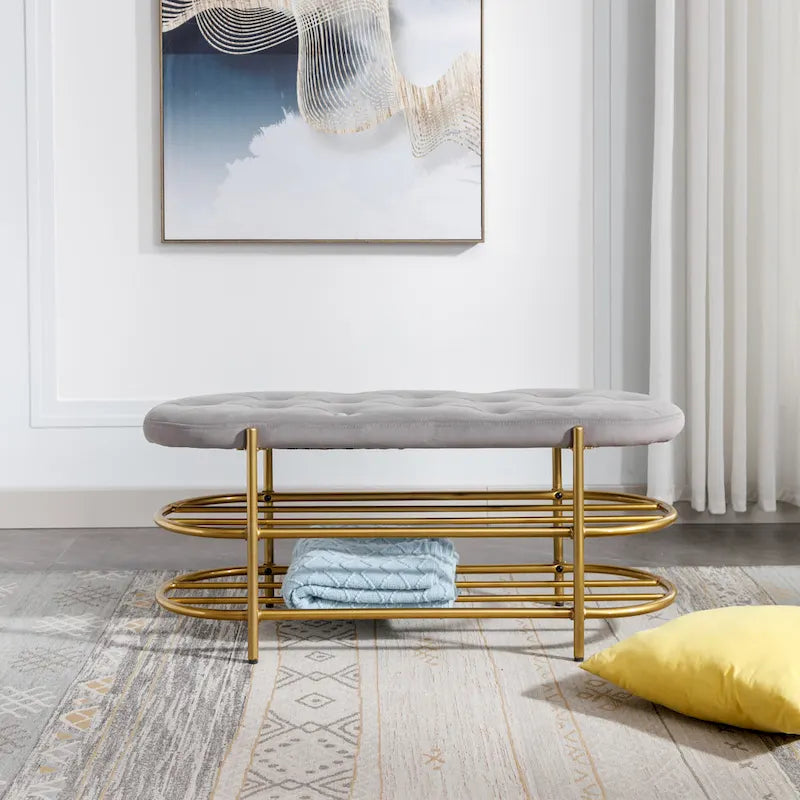 Banquette de salon SEYNAR 40 en velours avec double étagère à chaussures