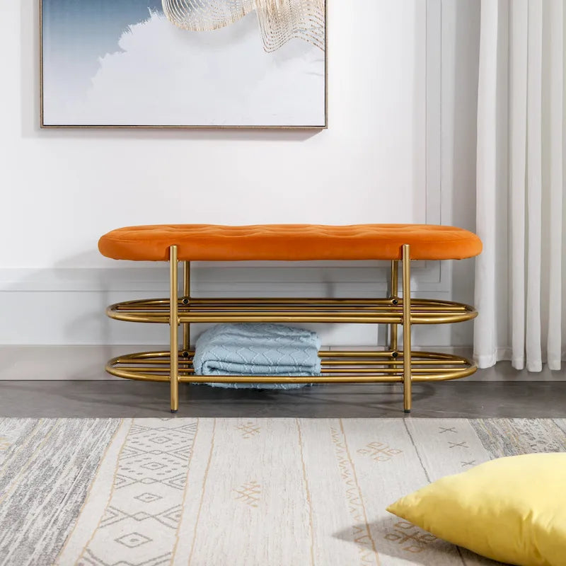 Banquette de salon SEYNAR 40 en velours avec double étagère à chaussures
