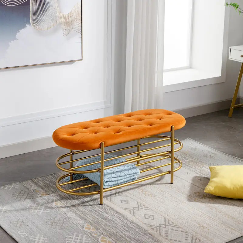 Banquette de salon SEYNAR 40 en velours avec double étagère à chaussures