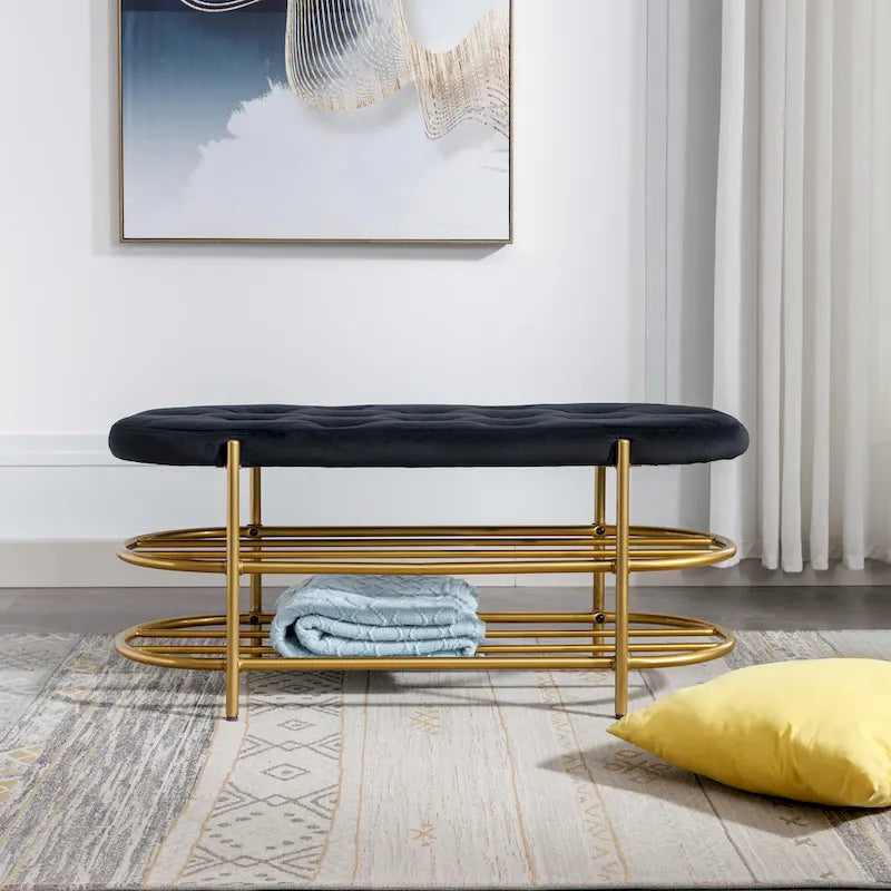 Banquette de salon SEYNAR 40 en velours avec double étagère à chaussures