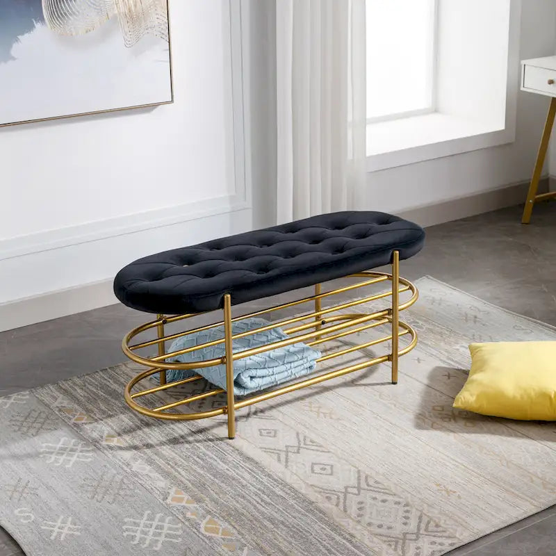 Banquette de salon SEYNAR 40 en velours avec double étagère à chaussures