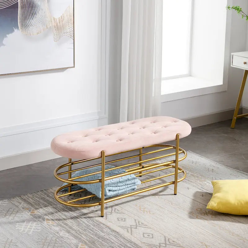 Banquette de salon SEYNAR 40 en velours avec double étagère à chaussures