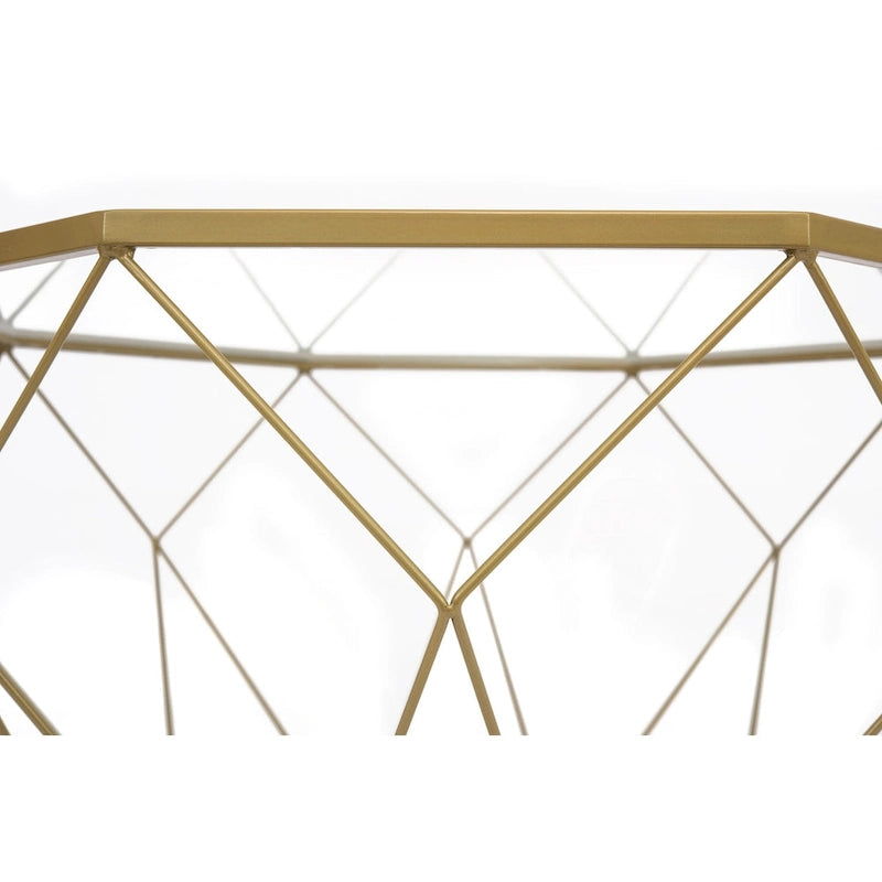 Table basse octogonale moderne Malibu 29 avec plateau en verre trempé et piètement géométrique robuste en métal pour salon ou bureau