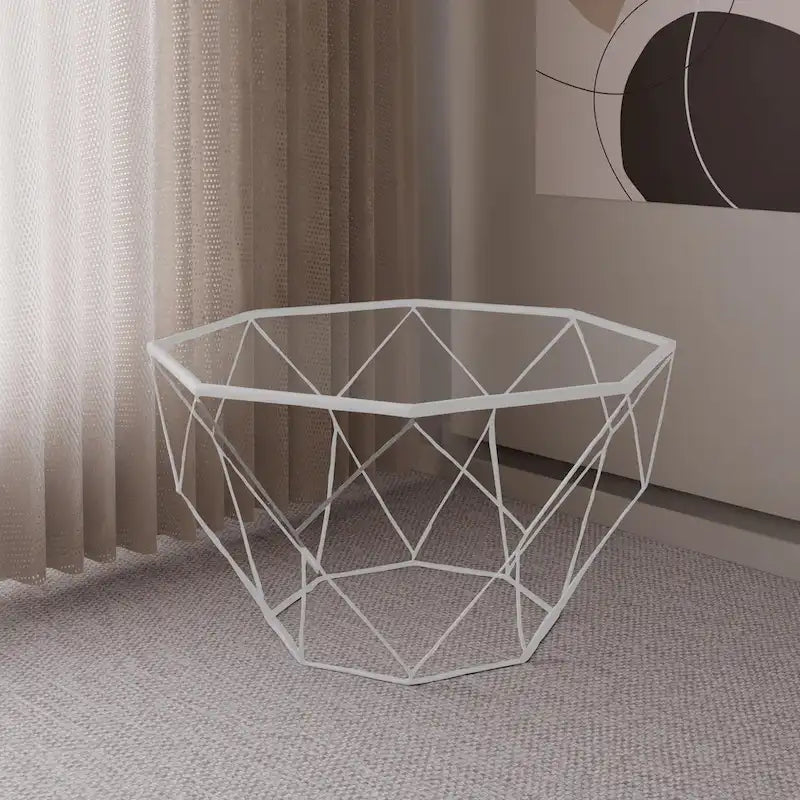 Table basse octogonale moderne Malibu 29 avec plateau en verre trempé et piètement géométrique robuste en métal pour salon ou bureau