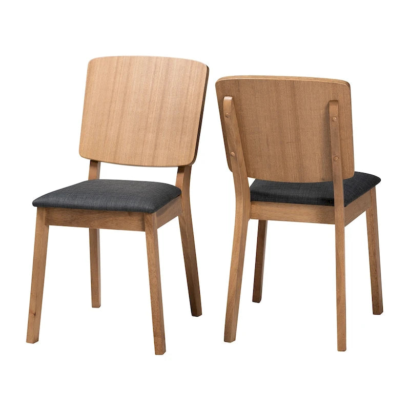 Ensemble de 2 chaises de salle à manger de style moderne du milieu du siècle, en tissu noir et bois d'hévéa finition chêne français brun, style Danemark