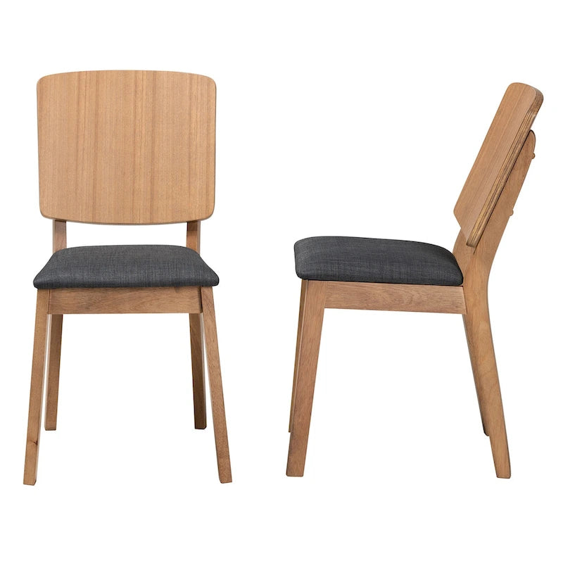 Ensemble de 2 chaises de salle à manger de style moderne du milieu du siècle, en tissu noir et bois d'hévéa finition chêne français brun, style Danemark