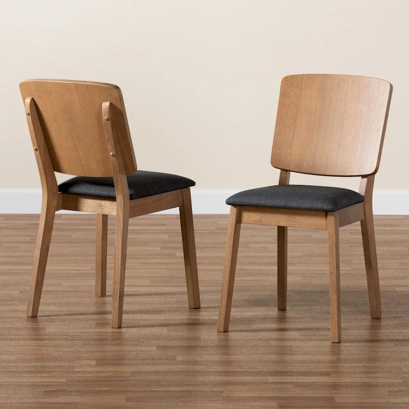 Ensemble de 2 chaises de salle à manger de style moderne du milieu du siècle, en tissu noir et bois d'hévéa finition chêne français brun, style Danemark