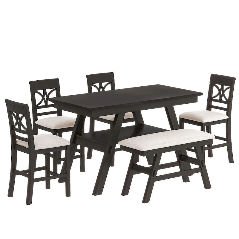 Ensemble de salle à manger 6 pièces en bois, hauteur comptoir, avec étagère de rangement