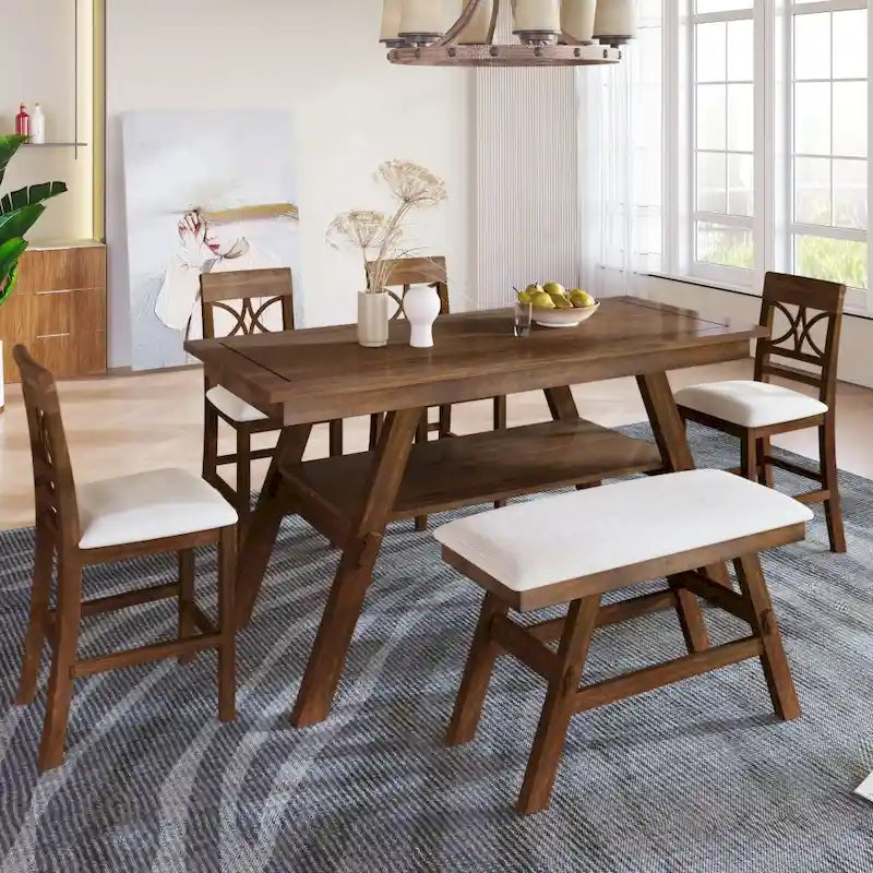 Ensemble de salle à manger 6 pièces en bois, hauteur comptoir, avec étagère de rangement