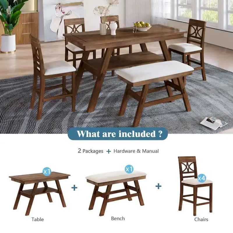 Ensemble de salle à manger 6 pièces en bois, hauteur comptoir, avec étagère de rangement