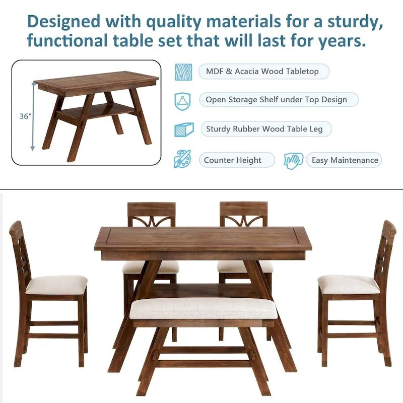 Ensemble de salle à manger 6 pièces en bois, hauteur comptoir, avec étagère de rangement