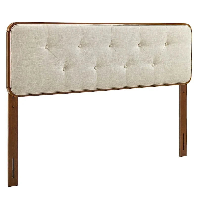 Tête de lit Glendale traditionnelle en tissu beige capitonné à boutons, format king, en bois de noyer.