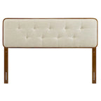 Tête de lit Glendale traditionnelle en tissu beige capitonné à boutons, format king, en bois de noyer.
