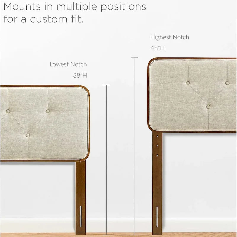 Tête de lit Glendale traditionnelle en tissu beige capitonné à boutons, format king, en bois de noyer.