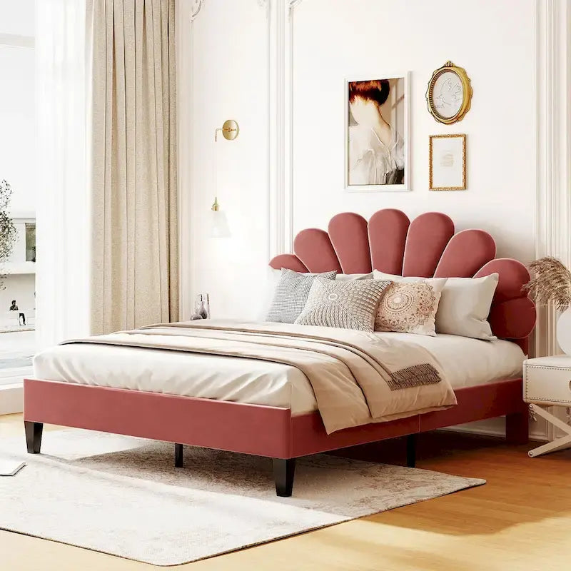 Lit plateforme rembourré Queen Size à motif floral