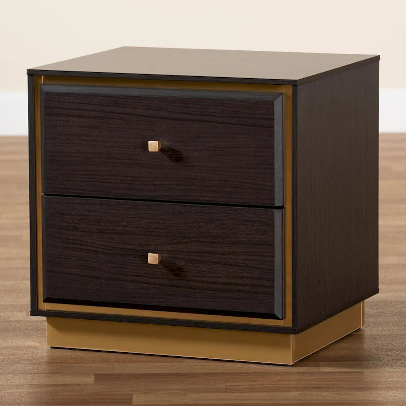 Table de chevet Cormac Transitional en bois et métal, 2 tiroirs, noyer/marron foncé