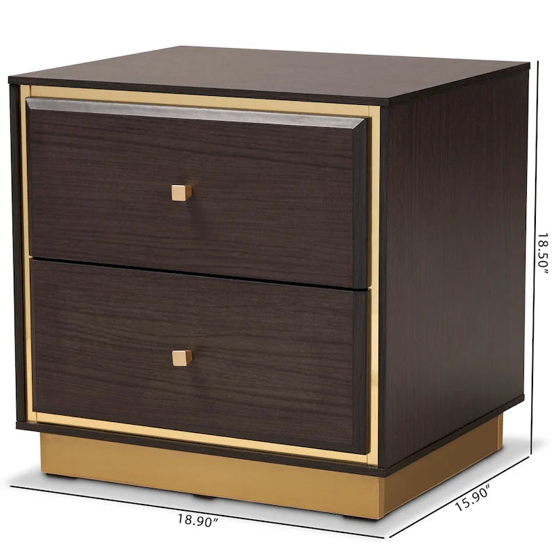 Table de chevet Cormac Transitional en bois et métal, 2 tiroirs, noyer/marron foncé