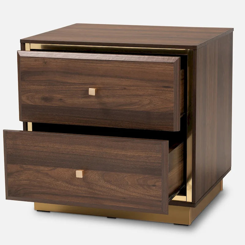 Table de chevet Cormac Transitional en bois et métal, 2 tiroirs, noyer/marron foncé