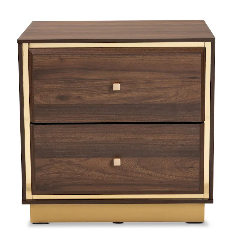 Table de chevet Cormac Transitional en bois et métal, 2 tiroirs, noyer/marron foncé
