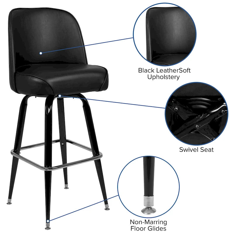 Lot de 2 tabourets de bar en métal avec assise baquet pivotante en vinyle et repose-pieds - 47 cm (P) x 47 cm (L) x 108 cm (H)