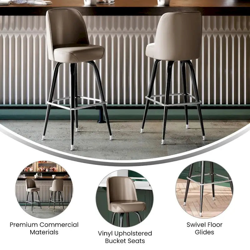 Lot de 2 tabourets de bar en métal avec assise baquet pivotante en vinyle et repose-pieds - 47 cm (P) x 47 cm (L) x 108 cm (H)