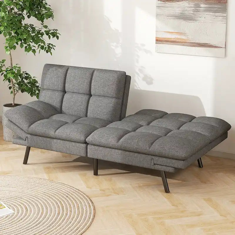 Canapé-lit futon en mousse à mémoire de forme, revêtement en similicuir, accoudoirs inclinables et réglables, idéal pour les petits espaces, gris.