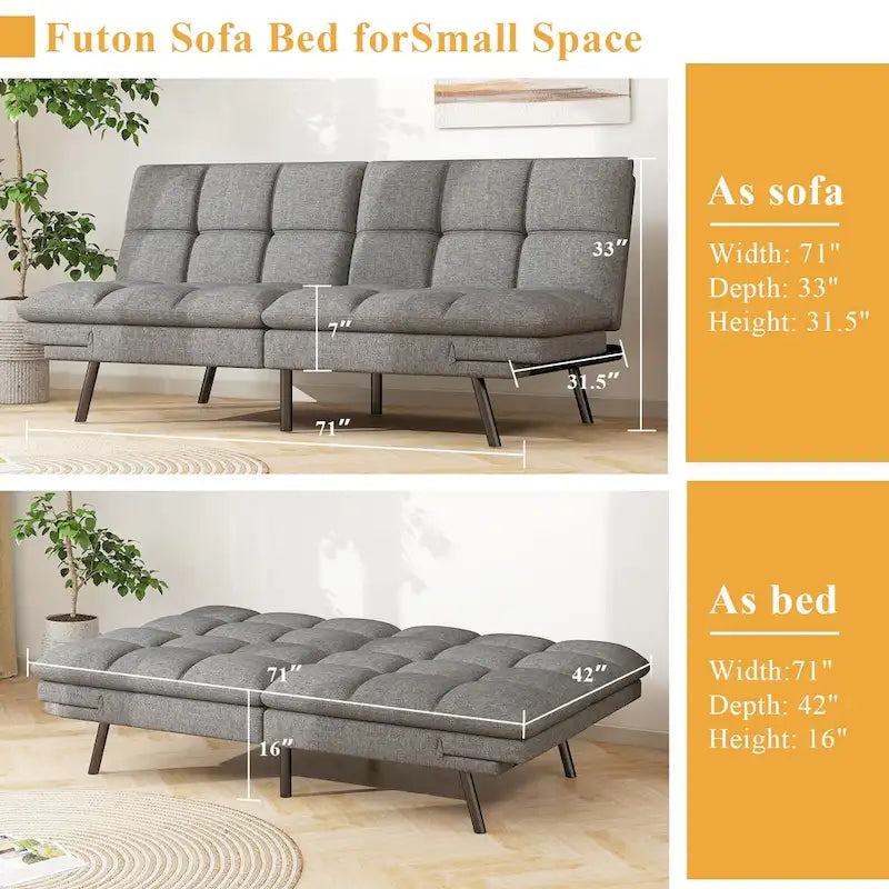 Canapé-lit futon en mousse à mémoire de forme, revêtement en similicuir, accoudoirs inclinables et réglables, idéal pour les petits espaces, gris.