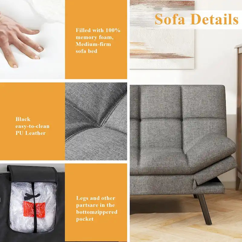 Canapé-lit futon en mousse à mémoire de forme, revêtement en similicuir, accoudoirs inclinables et réglables, idéal pour les petits espaces, gris.